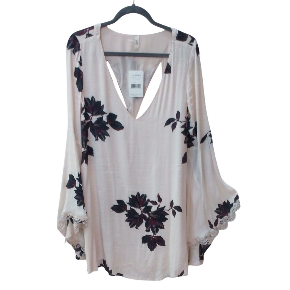NWT Free People Floral Tunic Mini Dress M Boho Bell Sleeve Lace Trim V Neck - Picture 1 of 7
